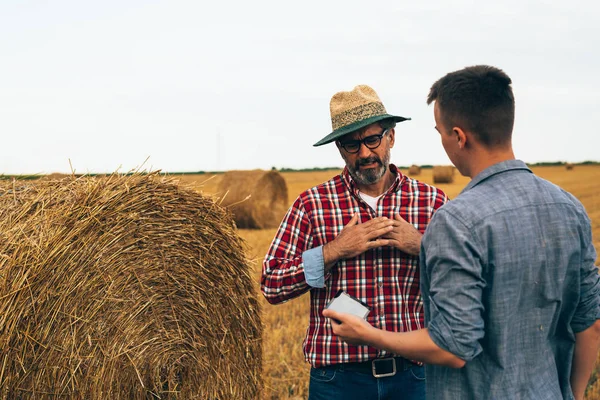 Farmers Talking Wheat Field — Stock Photo, Image