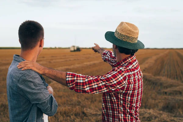 Зрелый Фермер Молодым Коллегой Пшеничном Поле Разговаривает — стоковое фото