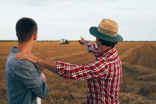 Zralý Farmář Mladým Kolegou Pšeničném Poli Mluví — Stock fotografie