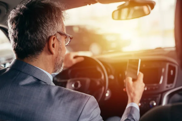 Businessman Using Cellphone Car While Driving — Stock Photo, Image