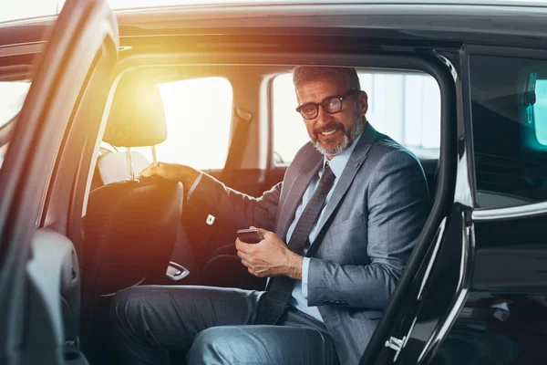 Senior Bearded Gray Haired Businessman Sitting Backseat Car — Stock Photo, Image