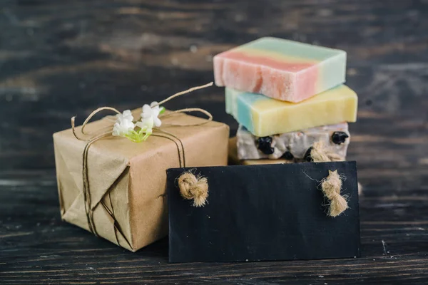 Colorful Handmade Soaps Dark Wooden Background — Stock Photo, Image