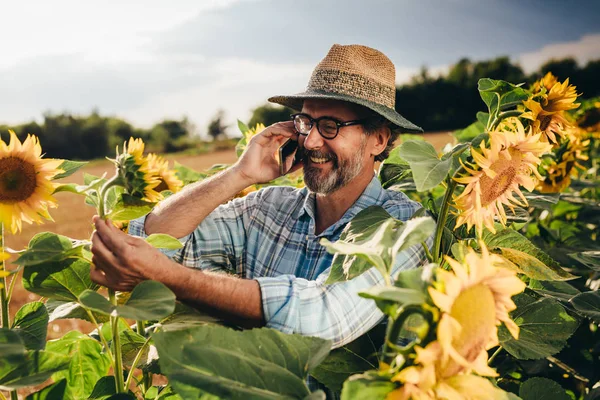 Portrét staršího muže se slaměným kloboukem ve slunečnici vyplněný mobilním telefonem — Stock fotografie