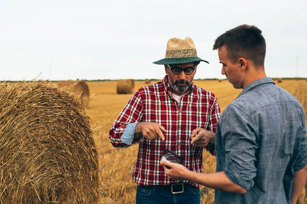 Dwóch Pracowników Agronomów Rozmawiających Zewnątrz Polu Pszenicy Uprawnej — Zdjęcie stockowe