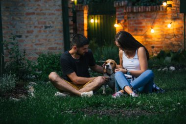 Evin arka bahçesinde köpekle oynayan genç çift.