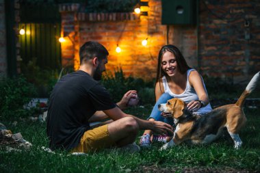 Evin arka bahçesinde köpekle oynayan genç çift.