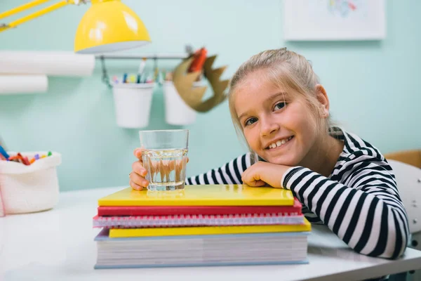 Schoolgirl Her Room Sitting Table Posing — Stock Photo, Image