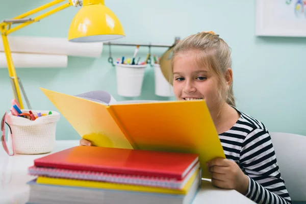 Schoolgirl Her Room Sitting Table Reading Book — Stock Photo, Image