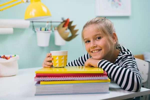 Schoolgirl Her Room Sitting Table Posing — Stock Photo, Image