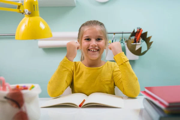 Front View Schoolgirl Sitting Table Her Room — Stock Photo, Image
