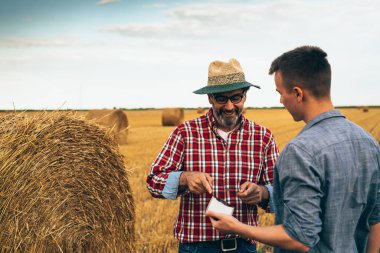 two ranchers talking outdoor on wheat field clipart