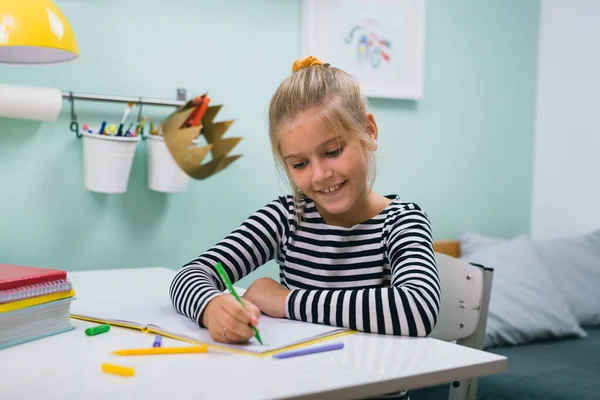 Little School Girl Sitting Table Her Room Doing Homework — Stock Photo, Image