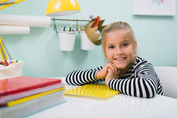 Cute Little Schoolgirl Sitting Table Her Room — Stock Photo, Image