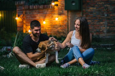 Arkadaşlar evlerinin arka bahçesinde köpekleriyle oynuyorlar. gece sahnesi