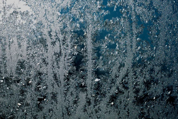 Hiver Froid Dessine Très Beaux Motifs Sur Fenêtre Eau Gèle — Photo