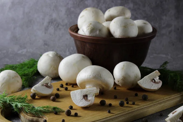 View of sliced champignon mushrooms. Ingredients for cooking tasty festive dishes — Stock Image View Sliced Champignon Mushrooms Ingredients Cooking Tasty Festive Dishes Royalty Free Stock Images