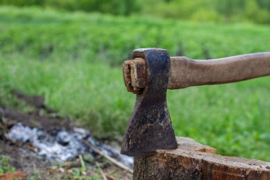 Saplı büyük bir balta bir kütüğe gömüldü.