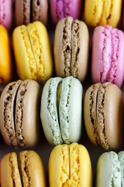 Farklı tatlar renkli Fransız makarnalar. Lezzetli tatlı, beze bazlı badem unu sandviç kurabiye