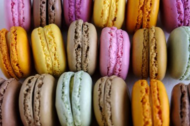 Farklı tatlar renkli Fransız makarnalar. Lezzetli tatlı, beze bazlı badem unu sandviç kurabiye