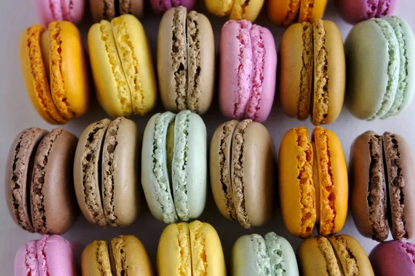 Farklı tatlar renkli Fransız makarnalar. Lezzetli tatlı, beze bazlı badem unu sandviç kurabiye