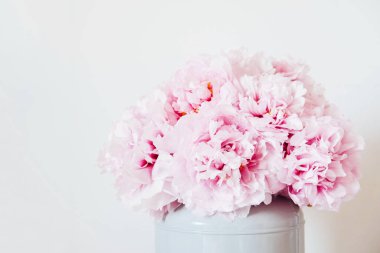 Güzel bir buket pembe şakayık çiçeği vazo içinde beyaz duvar zeminine karşı, yakın plan. Uzayı kopyala Anneler günü, doğum günü kartı. Yaz çiçekleriyle dolu sakin bir hayat.