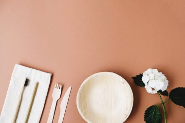 Kahverengi arka planda yeniden kullanılabilir çevre dostu öğeler. Ahşap çatal bıçak takımı, biyolojik olarak çözünür bambu tabağı, diş fırçası ve pipet içme. Uzayı kopyala Sıfır atık, plastiksiz, sürdürülebilir yaşam tarzı konsepti.