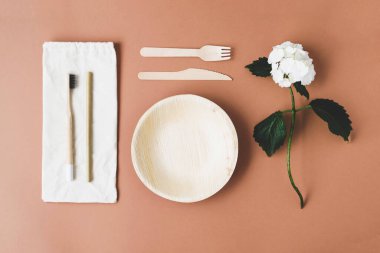 Kahverengi arka planda yeniden kullanılabilir çevre dostu öğeler. Ahşap çatal bıçak takımı, biyolojik olarak çözünür bambu tabağı, diş fırçası ve pipet içme. Sıfır atık, plastiksiz, sürdürülebilir yaşam tarzı konsepti.