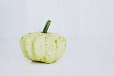 Beyaz arka planda pastel yeşili mini balkabağı, yakın plan. Uzayı kopyala Arka planda kal. Cadılar Bayramı ya da Şükran Günü.