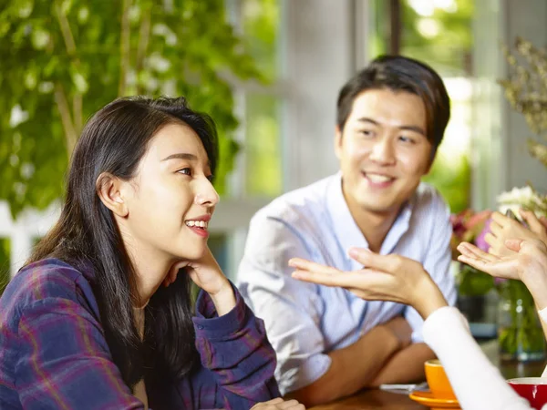 Happy Young Asian Couple Conversation Friends Coffee Shop — Stock Photo, Image