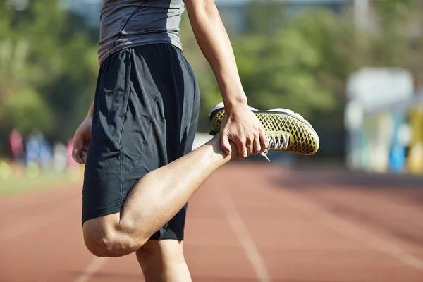 Young Asian Man Male Athlete Warming Stretching Legs Track — Stock Photo, Image