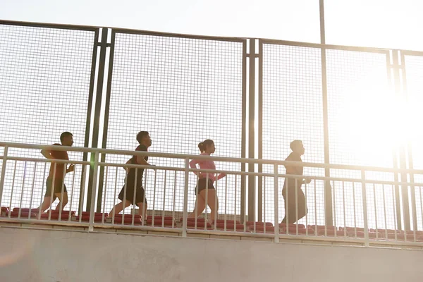 Team Young Asian Adult Men Woman Running Top Grand Stand — Stock Photo, Image