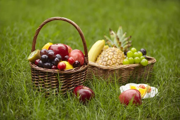 Surtido Frutas Cestas Para Picnic Hierba — Foto de Stock