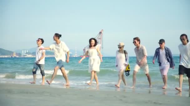 一群年轻的亚洲成年人在海滩上散步的乐趣 — 图库视频影像