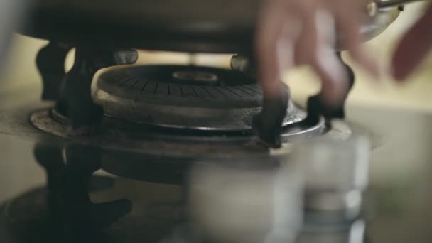 Hand Person Lighting Gas Stove Close Shot — Stock Video