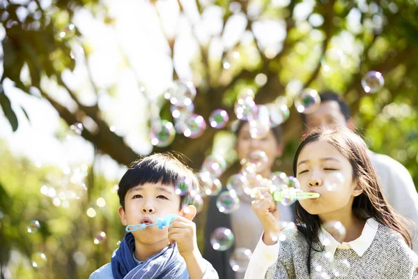 小亚洲孩子男孩和女孩的妹妹和兄弟吹泡泡在公园里 父母从后面看 — 图库照片