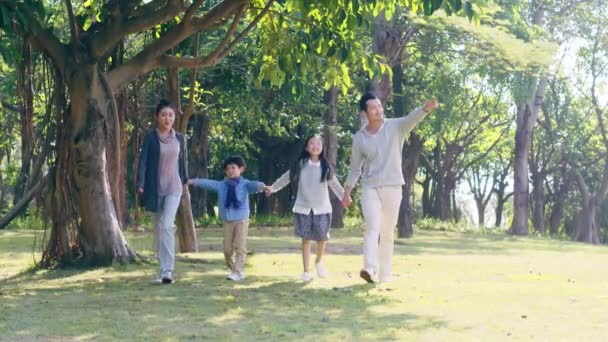 Asiático Familia Con Dos Niños Caminando Mano Mano Tener Divertido — Vídeo de stock