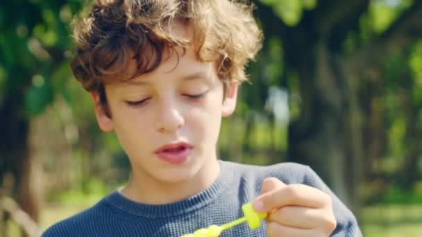 공원에서 야외에서 거품을 재미를 이탈리아 소년의 클로즈업 — 비디오