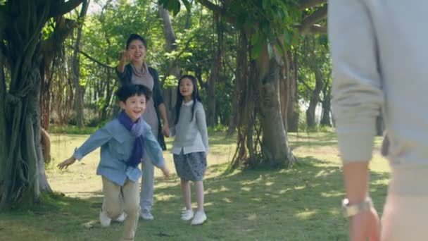 公園で父親に向かって急いで走っている素敵なアジアの少年 — ストック動画