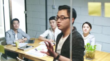 toplantı odası cam duvara bir diyagram çizerek takım arkadaşlarına fikir sunan genç Asyalı iş adamı