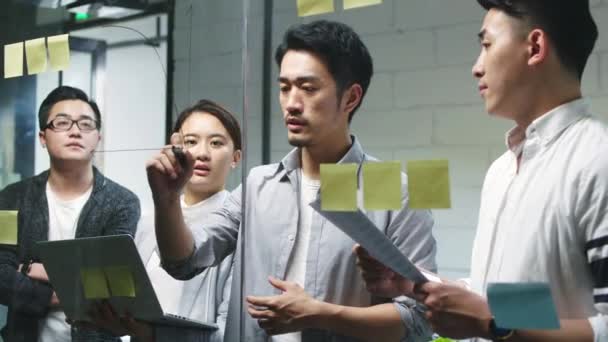 会議室のガラス壁に図を描くことで チームメイトにアイデアを提示するアジアの若いビジネスマン — ストック動画