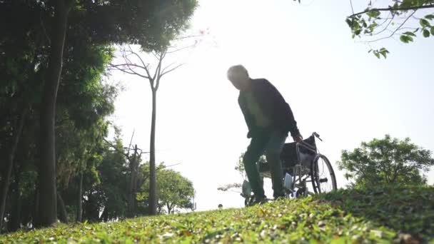 Aziatische Oude Man Opstaan Uit Rolstoel Stretching Armen Buiten Park — Stockvideo