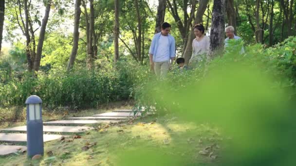 Три Поколения Азиатской Семьи Прогулки Говорить Расслабляющий Открытом Воздухе Парке — стоковое видео