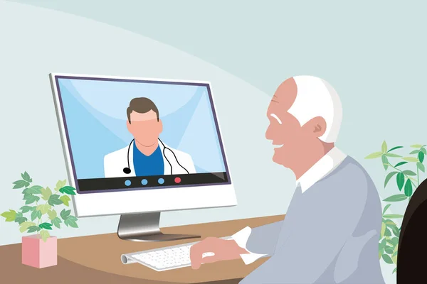 Senior Asian Man Staying Home Consulting Doctor Video Call — Stock Photo, Image