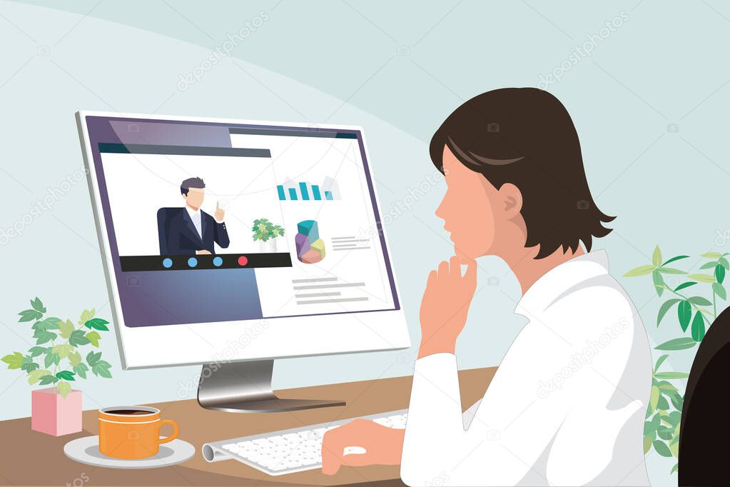 young asian business woman working from home watching presentation by a businessman on computer screen