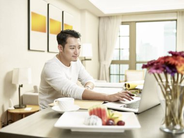 Genç Asyalı iş adamı mutfakta oturmuş dizüstü bilgisayara bakıyor (arka planda dijital olarak değiştirilmiş sanat eseri))