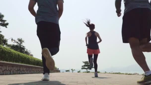 五个年轻的亚洲成年人慢吞吞地在海边奔跑的后视镜 — 图库视频影像