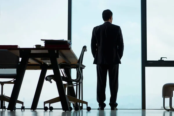 Vue Arrière Dirigeant Asiatique Debout Près Fenêtre Dans Bureau Regardant — Photo