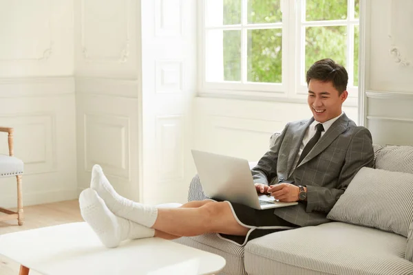 Young Asian Business Man Wearing Suit Shorts Working Home Meeting — Stock Photo, Image