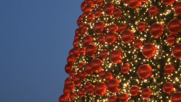 Oldalán Hatalmas Karácsonyfát Átmenet Esténként Oldalnézetből Piros Golyó Sárga Kivilágítás — Stock videók
