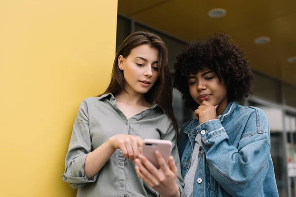 Genç, çok ırklı hippi arkadaşlar, düşük fiyatlı online alışveriş için mobil telefon kullanıyorlar. Film izleyen çok ırklı kadınlar 